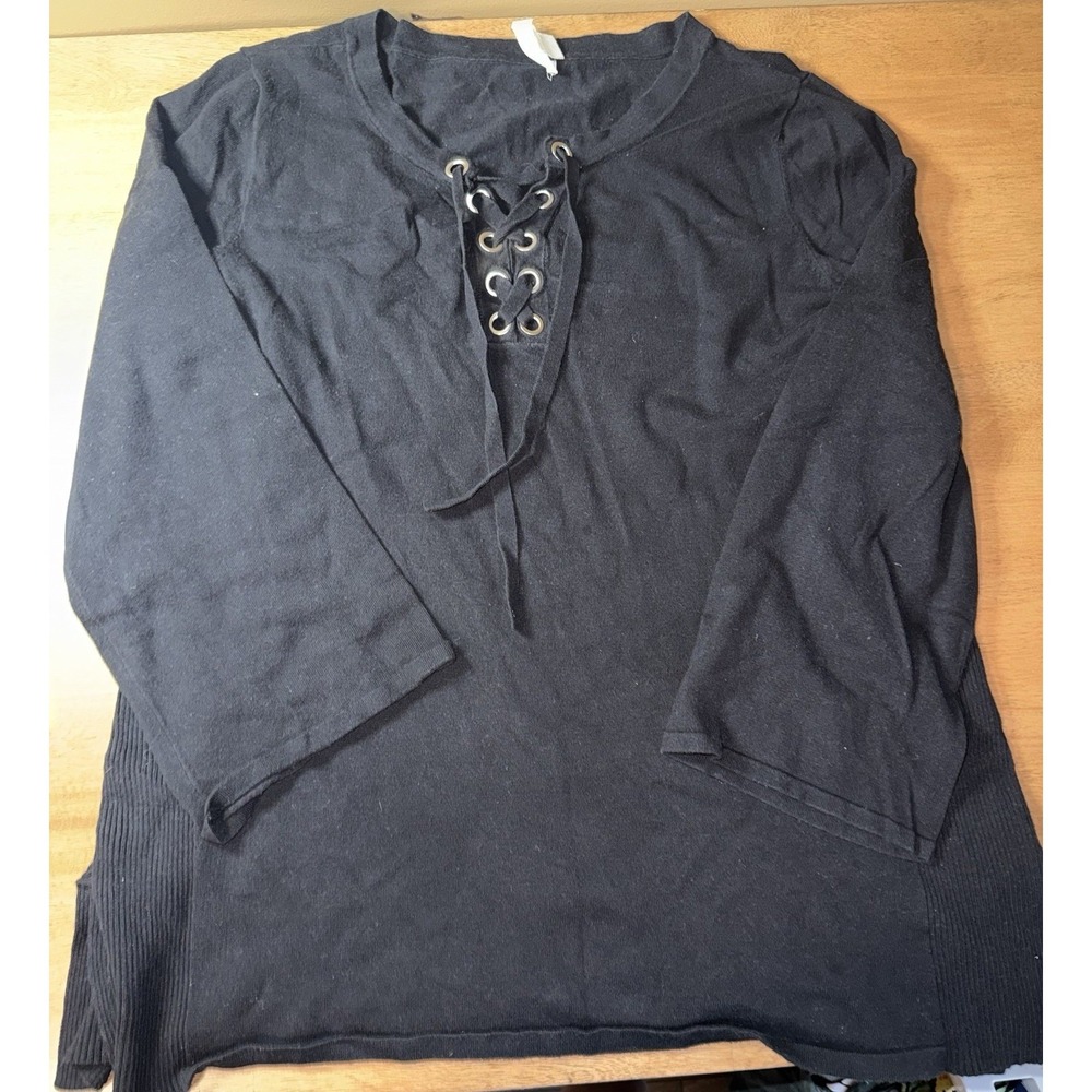 Style & Co Womens XXL Black Lace Up Grommet Knit Top 3/4 Sleeve Ribbed Sides